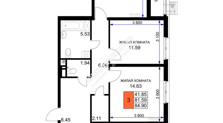 Объявление 3-к квартира, 84.9м2, 7/18 эт